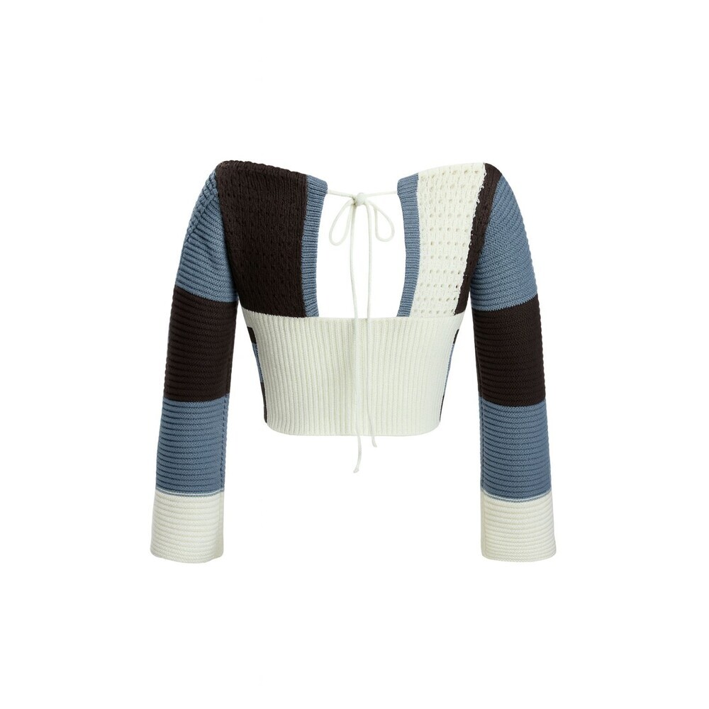 SHEIN Striped Knit Crop Top Size S Blue Brown Colorblock Tie Back Y2K Sweater - Picture 3 of 9